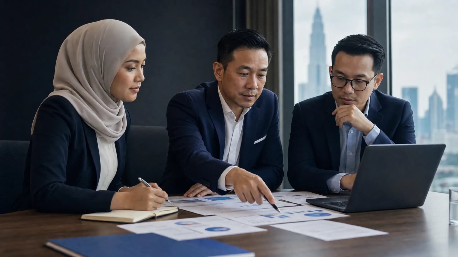 Malaysian business leaders reviewing evidence around a live management decision